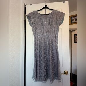 Vintage 1950s blue and silver lace cocktail party dress with matching belt